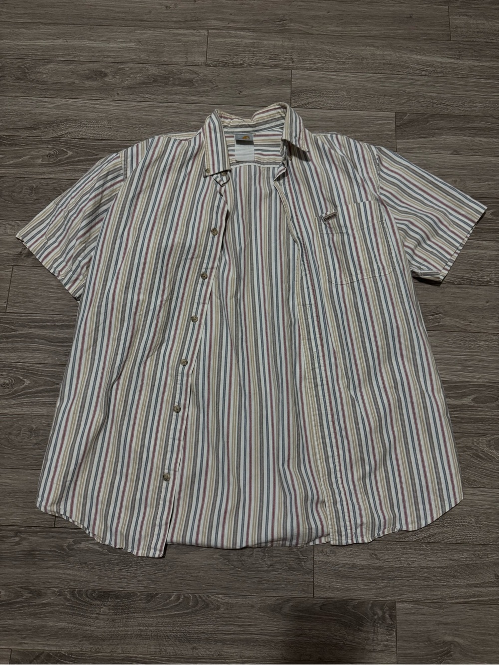 Carhartt Short-Sleeve Button-Down Shirt - White with Blue, Red, Green Stripes